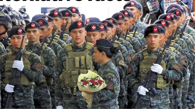  ?? EDD GUMBAN, EPA ?? A female police commando carries flowers as members of the PNP-Special Action Force honor the ‘Gallant 44’ during a ceremony at Camp Bagong Diwa in Taguig City yesterday. Inset shows Telly Sumbilla, whose son John Sumbilla was one of the 44 SAF...