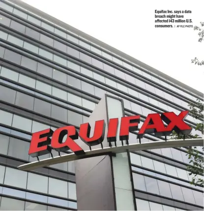  ?? | AP FILE PHOTO ?? Equifax Inc. says a data breach might have affected 143 million U. S. consumers.