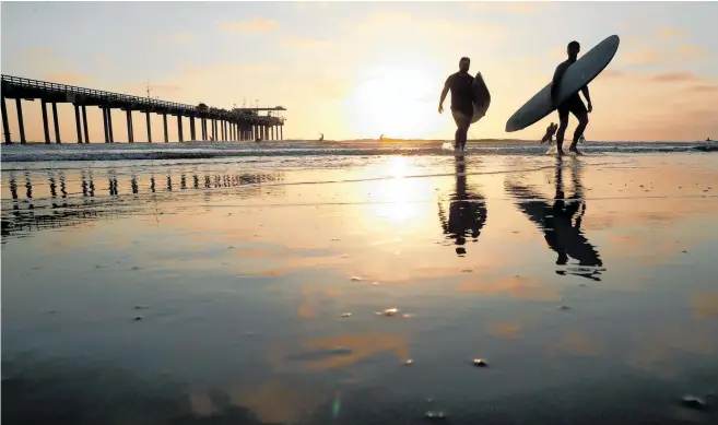  ?? Photo / AP ?? San Diego surfers may be happy with the warm water but scientists say the higher temperatur­es put sea life at risk.