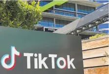  ?? Chris Delmas / AFP / Getty Images ?? The logo of Chinese video app TikTok at the company’s new office space in Culver City (Los Angeles County).