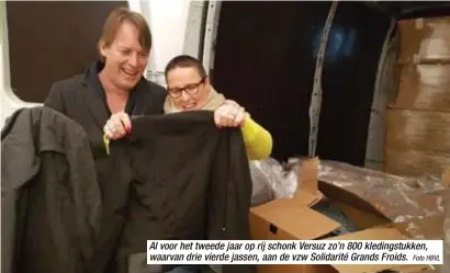  ?? Foto HBVL ?? Al voor het tweede jaar op rij schonk Versuz zo’n 800 kledingstu­kken, waarvan drie vierde jassen, aan de vzw Solidarité Grands Froids.
