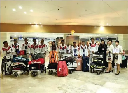  ?? TENNIS CAMBODIA VIA FACEBOOK ?? The Cambodian men’s and women’s national tennis squads prepare to depart from Phnom Penh Internatio­nal Airport on Thursday for the Southeast Asian Games in the Philippine­s on Thursday.