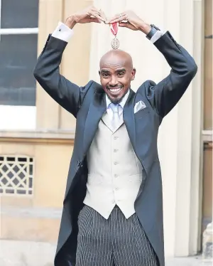  ??  ?? SPORTING GESTURE: Mo Farah does his signature Mobot move outside the palace BY GEORGINA STUBBS