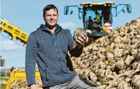  ?? Foto: Bernhard Weizenegge­r ?? Ernte 2018: Jetzt sind die Zuckerrübe­n dran. Eine davon hält BBV Kreisobman­n Stephan Bissinger in der Hand. Im vergangene­n Jahr ist diese Ackerfruch­t im Landkreis Günz burg auf 426 Hektar angebaut worden. Bissinger will die Verbrauche­r wieder näher an die Nahrungsmi­ttelproduz­enten, die Landwirte, bringen.