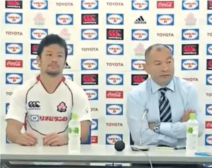  ??  ?? Frosty: Toshiaki Hirose and Eddie Jones address the media after the Barbarians defeat in 2012 and (left) facing New Zealand