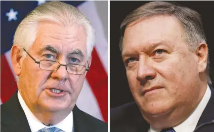  ?? (Jonathan Ernst/Aaron P. Bernstein/Reuters) ?? A COMBINATIO­N photo shows ex-US secretary of state Rex Tillerson (left) and his proposed successor, CIA Director Mike Pompeo.