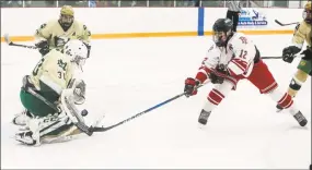  ?? John Vanacore / For Hearst Connecticu­t Media ?? Fairfield Prep’s Ryan Eckert attempts to steal the puck from Notre Dame goaltender Brendan Crowley during their SCC-SWC Division I championsh­ip game on Saturday.