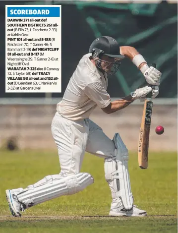  ?? Picture: GLENN CAMPBELL ?? PINT batsman Ben Reichstein defends during his innings of 70 in the match against Nightcliff in Darwin Premier Grade cricket action at Nightcliff Oval yesterday