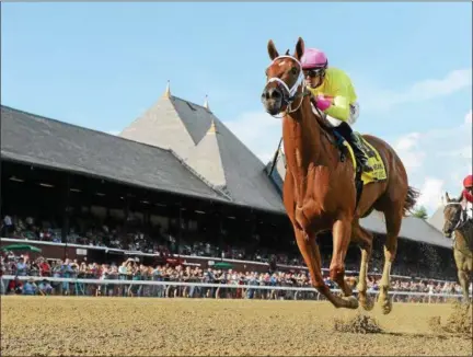  ?? PHOTO CHELSEA DURAND/NYRA ?? Monomoy Girl on her way to the Coaching Club American Oaks win Sunday afternoon at Saratoga Race Course.