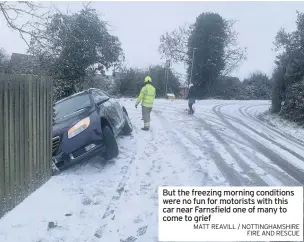  ?? MATT REAVILL / NOTTINGHAM­SHIRE FIRE AND RESCUE ?? But the freezing morning conditions were no fun for motorists with this car near Farnsfield one of many to come to grief