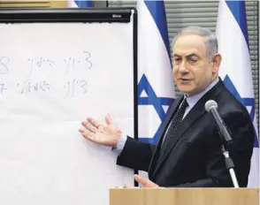  ?? AP ?? Benjamín Netanyahu explicó algunos resultados electorale­s en una reunión entre el Likud y sus aliados nacionalis­tas.