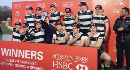  ??  ?? On top again: Cranleigh School celebrate after retaining the Rosslyn Park Sevens U18s Cup