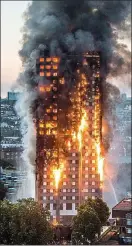  ??  ?? Prevention: the blaze engulfs Grenfell Tower. Below, Burnham House on Camden’s Chalcots Estate, where workers have begun removing cladding