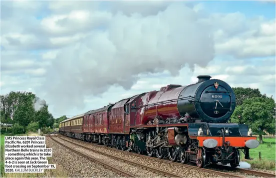  ?? KALLUM BUCKLEY ?? LMS Princess Royal Class Pacific No. 6201 Princess Elizabeth worked several Northern Belle trains in 2020 – something which is to take place again this year. The 4-6-2 is seen at Jack Green foot crossing on September 19, 2020.