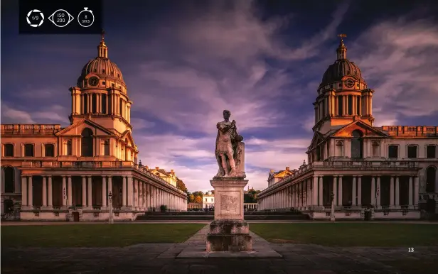  ??  ?? Below OLD ROYAL NAVAL COLLEGE, LONDON
Anton framed this iconic scene as sunlight bathed the tips of the buildings
Left below
WALKIE TALKIE, LONDON
I took this while scouting for unique compositio­ns. I found a street that framed the Walkie Talkie and those golden trees