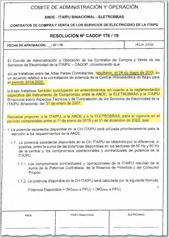  ??  ?? Borrador de la Resolución CADOP Nº 176/19, que contenía prácticame­nte todo lo “negociado” en el Acta Bilateral, cuya nocividad se ha podido demostrar claramente.