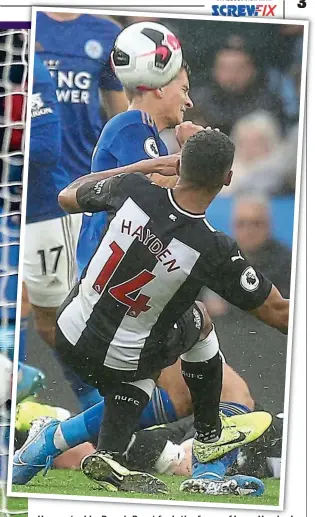  ??  ?? Horror tackle: Dennis Praet feels the force of Isaac Hayden’s challenge, for which the Newcastle man was sent off REX