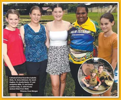  ??  ?? Cathedral School boarders Isabella Abdy, 12, Anna Atkinson, 16, Sarah Hughes, 15, Amelia Backo, 17, and Josephine Mills, 13, and (inset) Lachlan Cody, 11, with Private Jackson Wain from 1RAR.Pictures: Evan Morgan