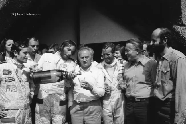  ??  ?? ABOVE Celebratin­g at Le Mans in 1977 with drivers Ickx, Barth, Haywood and Henri Pescarolo