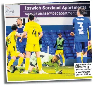  ??  ?? Joe Powell (far left) turns to celebrate after equalising for Burton Albion.