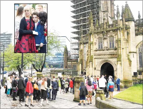  ??  ?? Funeral attendees, who were requested to bring a rose, arrive for the funeral of Manchester Arena bomb victim SaffieRose Roussos at Manchester Cathedral in Manchester, northwest England. (Inset): Mother, Lisa (left), and brother Alexander look on prior...