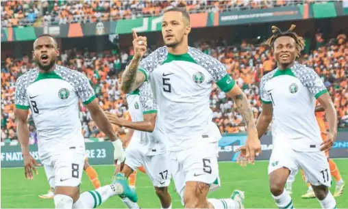  ?? ?? Troost Ekong’s goal from the spot silenced the Ivorian fans when Nigeria beat Ivory Coast 1-0 in the group stage of AFCON 2023