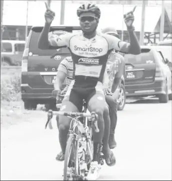  ?? ?? Flashback! Shaquel Agard celebrates after winning the Berbice leg of the Jagan’s Memorial Cycling Road Race.