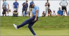  ?? ERIC RISBERG — THE ASSOCIATED PRESS ?? NBA star Stephen Curry reacts after missing a birdie putt on the eighth green during the Web.com Tour’s Ellie Mae Classic Thursday in Hayward, Calif. Curry shot a 4-over-par 74.