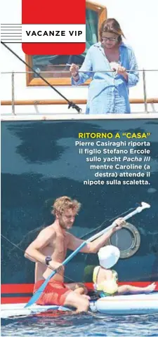  ??  ?? RITORNO A “CASA” Pierre Casiraghi riporta il figlio Stefano Ercole sullo yacht Pacha III mentre Caroline (a destra) attende il nipote sulla scaletta.