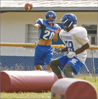  ?? Terrance Armstard/News-Times ?? Back to pass: Strong's Mahkalis Jefferson (20) throws the ball during a practice on Thursday afternoon in Strong. The Bulldogs worked on individual drills during Thursday's practice.