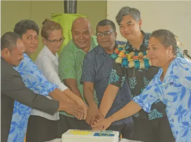  ?? Photo: Laisa Lui ?? Fifth from left: Minister for Agricultur­e, Waterways and Environmen­t Mahendra Reddy, Ambassador and head of European Union (EU) delegation for the Pacific, Sujiro Seam, with EU representa­tives and Government officials during the cake cutting at the launch of the Ecosystems- Based Climate Adaptation Project at Labasa Civic Centre on September 21, 2020.