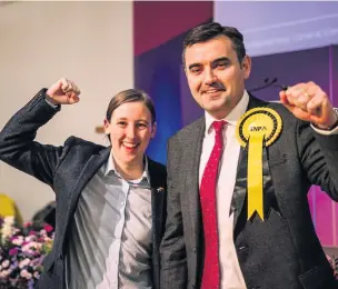  ??  ?? Delighted
Mhairi Black and Gavin Newlands were re-elected to their seats in parliament