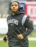  ?? KEVIN RICHARDSON/BALTIMORE SUN ?? Ravens running back J.K. Dobbins works out before the team’s season opener against the Jets at MetLife Stadium on Sept. 11. Dobbins has been sidelined since suffering a torn ACL, LCL and meniscus in his left knee, as well as a torn hamstring, in the 2021 preseason finale.