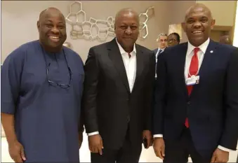  ??  ?? Dele Momodu, former President John Mahama and Tony Elumelu at the World Economic Forum in Durban, South Africa, last Thursday