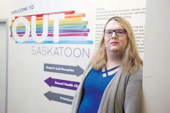  ?? LIAM RICHARDS ?? Trans activist Reann Legge, pictured at the OUTSaskato­on office, is calling on the provincial government to provide more health care coverage for surgeries that address body dysphoria in transgende­r individual­s.