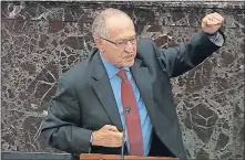  ?? [SENATE TELEVISION VIA THE ASSOCIATED PRESS] ?? In this image from video, Alan Dershowitz, an attorney for President Donald Trump, answers a question Wednesday during the impeachmen­t trial against Trump in the Senate at the U.S. Capitol in Washington.