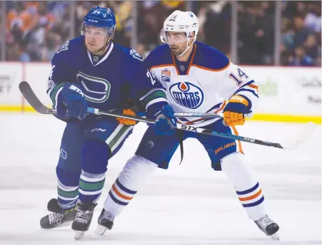  ?? GERRY KaHRMANN/FILES ?? Forward Reid Boucher, seen tangling with then-Edmonton Oiler Jordan Eberle in 2017, has been called up on several occasions from the AHL’s Utica Comets, but “has never complained, even when we sent him down at the start of this year,” says Canucks GM Jim Benning.