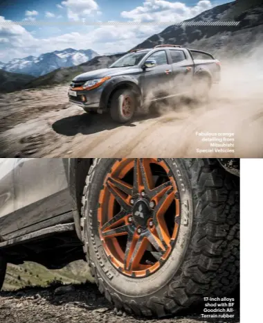  ??  ?? 17-inch alloys shod with BF Goodrich AllTerrain rubber Fabulous orange detailing from Mitsubishi Special Vehicles