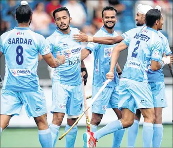  ?? PIC: HOCKEY INDIA ?? Indian players celebrate after scoring a goal against Belgium during the Champions Trophy match on Thursday.