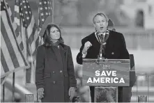  ??  ?? Texas Attorney General Ken Paxton speaks Jan. 6 in Washington at a rally in support of President Donald Trump. In December, Paxton filed legal papers attempting to overturn the results of the presidenti­al election based on unfounded claims of election fraud in four states that supported President Donald Trump in 2016 but elected Joe Biden president in 2020. [JACQUELYN MARTIN/ASSOCIATED PRESS FILE PHOTO]