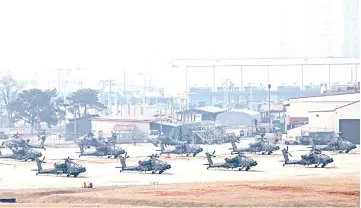  ??  ?? US military helicopter­s sitting in US Camp Humphreys in Pyeongtaek.The US and South Korea have announced an end to annual large-scale military exercises in support of diplomatic efforts to persuade North Korea to abandon its nuclear weapons programme. — AFP photo