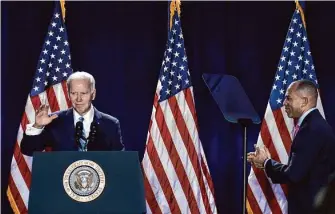  ?? Drew Angerer/Getty Images ?? In introducin­g President Joe Biden on Wednesday in Baltimore, House Democratic leader Hakeem Jeffries of New York hailed “a phenomenal track record of accomplish­ment.”