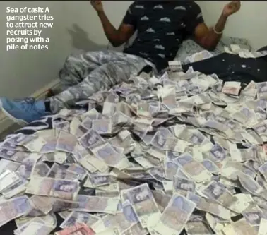  ??  ?? Sea of cash: A gangster tries to attract new recruits by posing with a pile of notes
