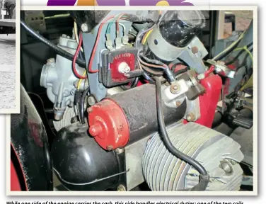  ??  ?? While one side of the engine carries the carb, this side handles electrical duties: one of the two coils, a scary rectifier and – most importantl­y – the beefy Lucas starter motor