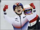  ?? BERNAT ARMANGUE — THE ASSOCIATED PRESS ?? Lim Hyojun, of South Korea, celebrates after winning the men’s 1500 meters short-track speedskati­ng final in the Gangneung Ice Arena in Gangneung, South Korea on Saturday.