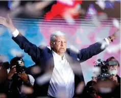  ?? (Reuters) ?? ANDRES MANUEL LOPEZ OBRADOR addresses supporters in Mexico City on Sunday after polls closed in the presidenti­al election.