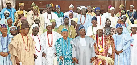  ??  ?? Oyo State Governor, Abiola Ajimobi with traditiona­l rulers after a meeting in Ibadan…yesterday