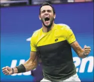  ?? Frank Franklin II / Associated Press ?? Matteo Berrettini reacts after beating Gael Monfils in the quarterfin­als of the U.S. Open on Wednesday.