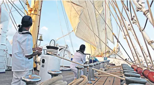  ?? ?? Catch the breeze: the number of winches is dizzying on a large ship powered by the wind up to 80 per cent of the time