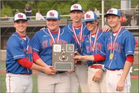  ?? Photo by Becky Polaski ?? Dutch seniors Eli Rippey, Carter Price, Charlie Coudriet, Vinnie Lenze, and Logan Mosier pose with the District 9 Class AAAA championsh­ip plaque.